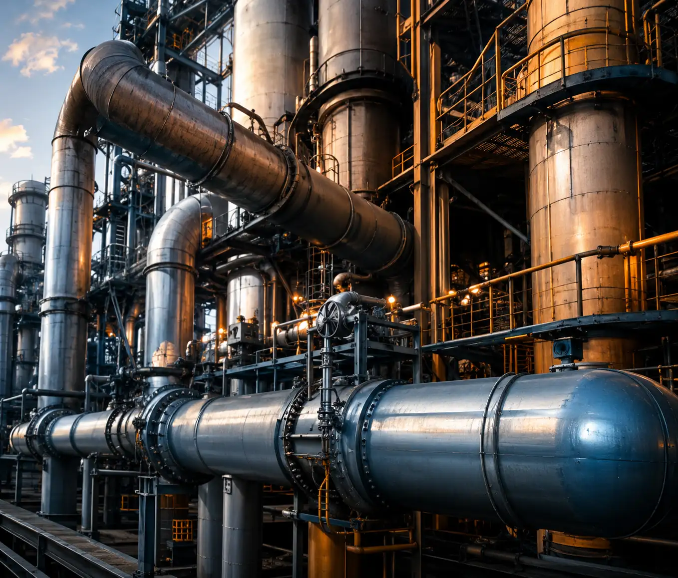 Refinery pipework and pressure vessels